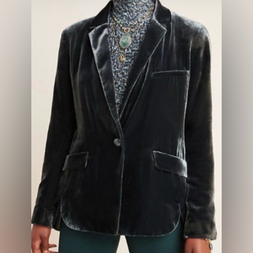 ANTHROPOLOGIE Hunter Green Alessia Velvet Light Weight Blazer Size MP